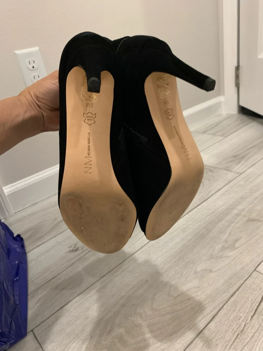 Neiman Marcus Black Pearl-Buckle Peep-Toe Ankle Boots